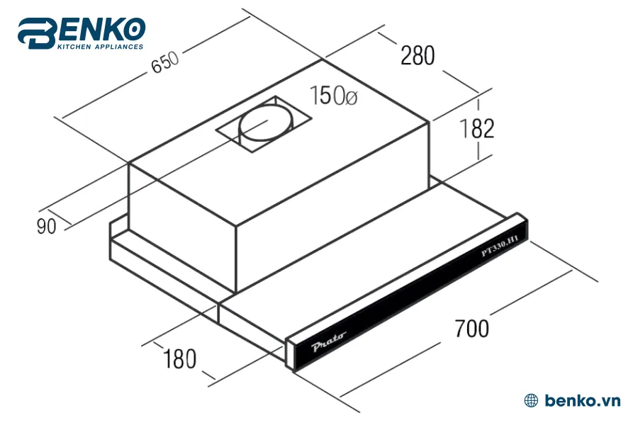 Kích thước máy hút mùi Prato PT-330H1