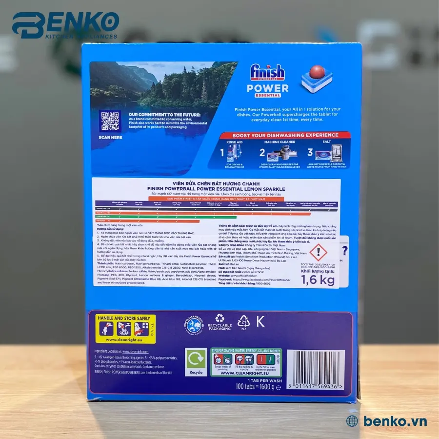 Thành phần viên rửa bát Finish Essential 100 viên lemon