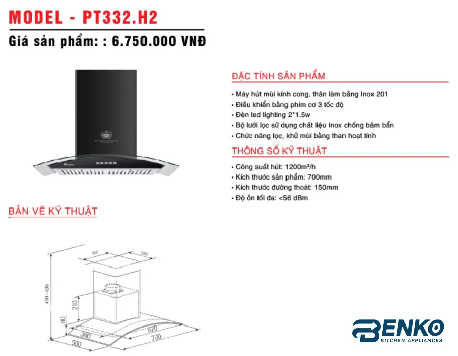Đặc tính sản phẩm máy hút mùi Prato PT-332H2