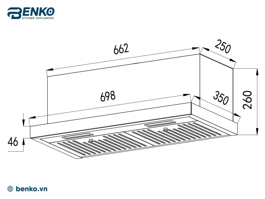 Kích thước của máy hút mùi Prato PT-330 Turbox